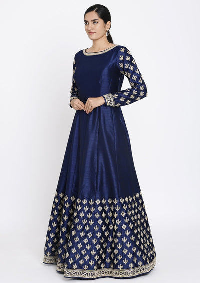 Navy Blue Zariwork Raw Silk Designer Gown - koskii