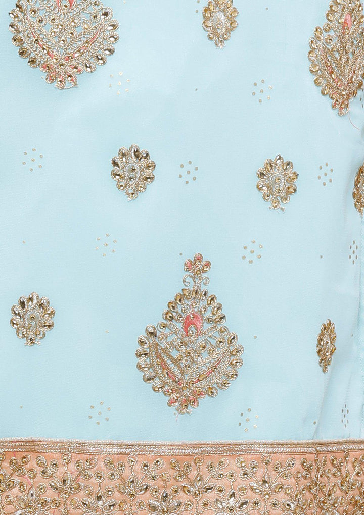 Peach and Blue Silk Designer Salwar Suit-Koskii