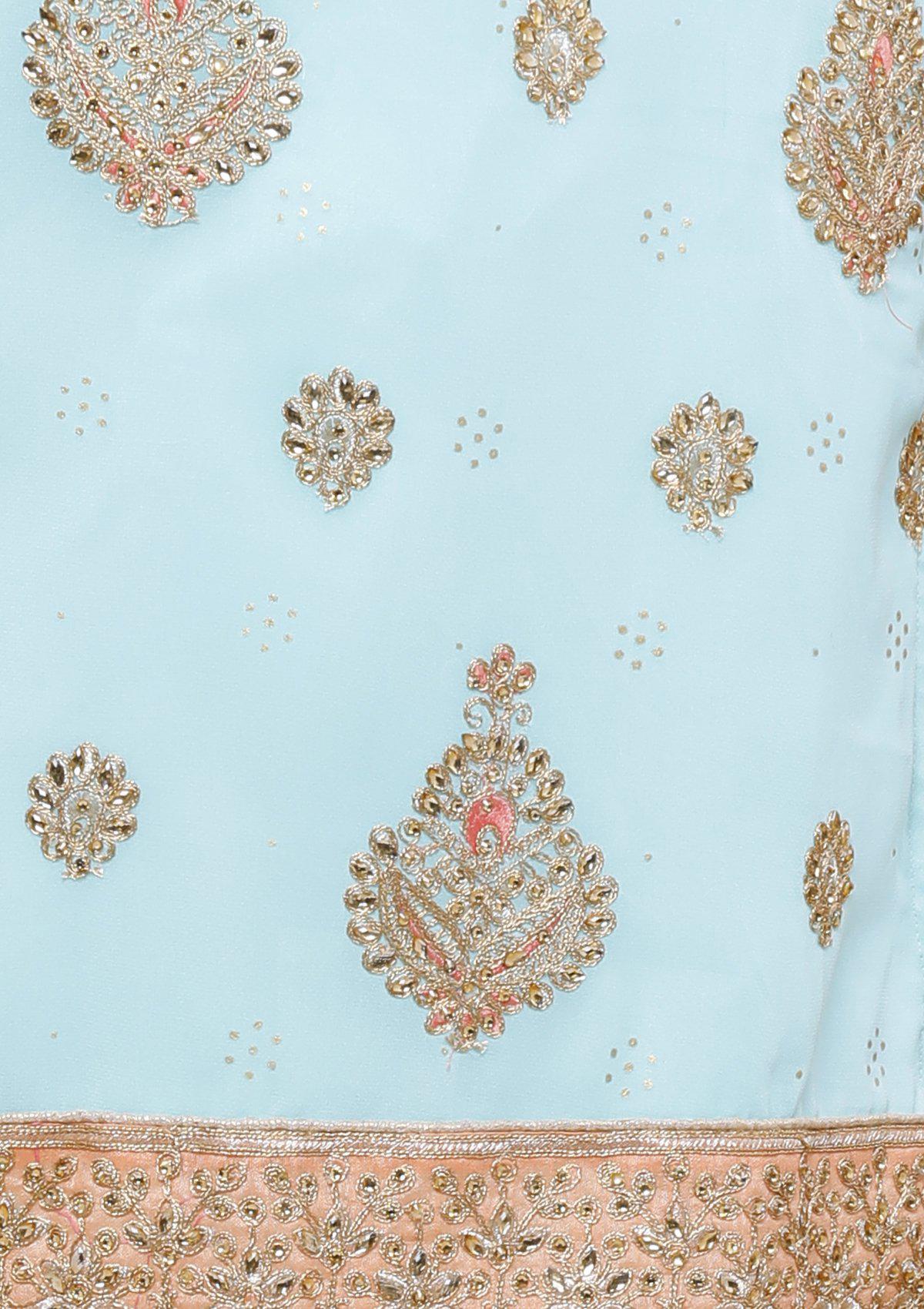 Peach and Blue Silk Designer Salwar Suit-Koskii