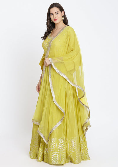Yellow Mirrorwork Satin Designer Gown-Koskii