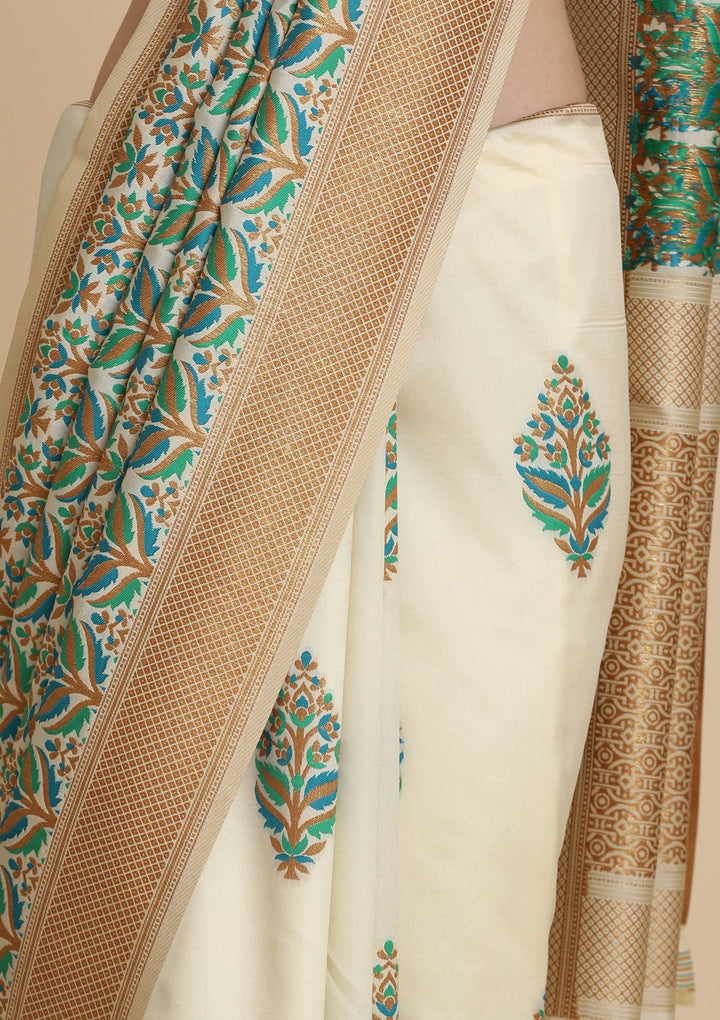 Green and Cream Thread Work Art Silk Designer Saree-Koskii