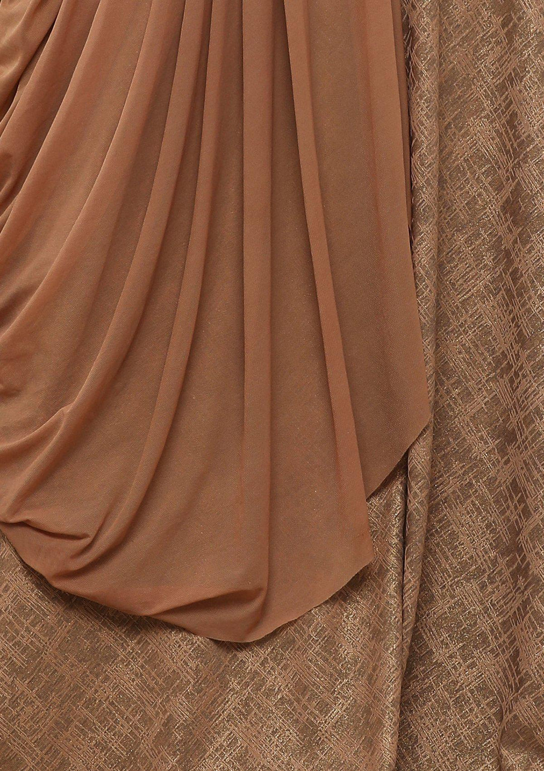 Chestnut Brown Raw Silk Drape Designer Lehenga-Koskii