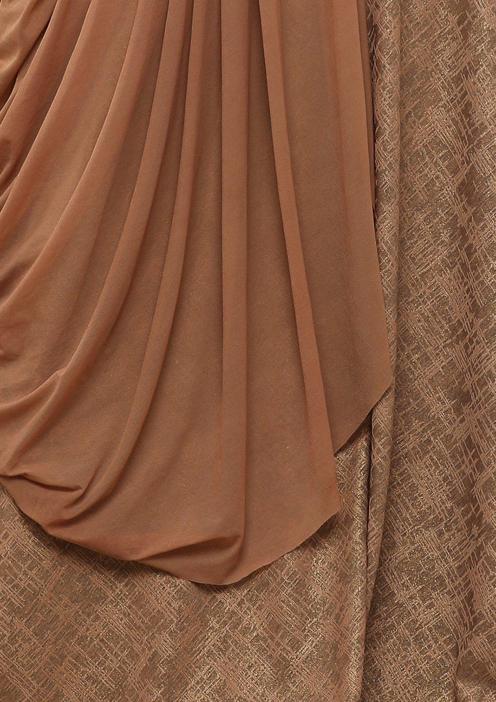 Chestnut Brown Raw Silk Drape Designer Lehenga-Koskii