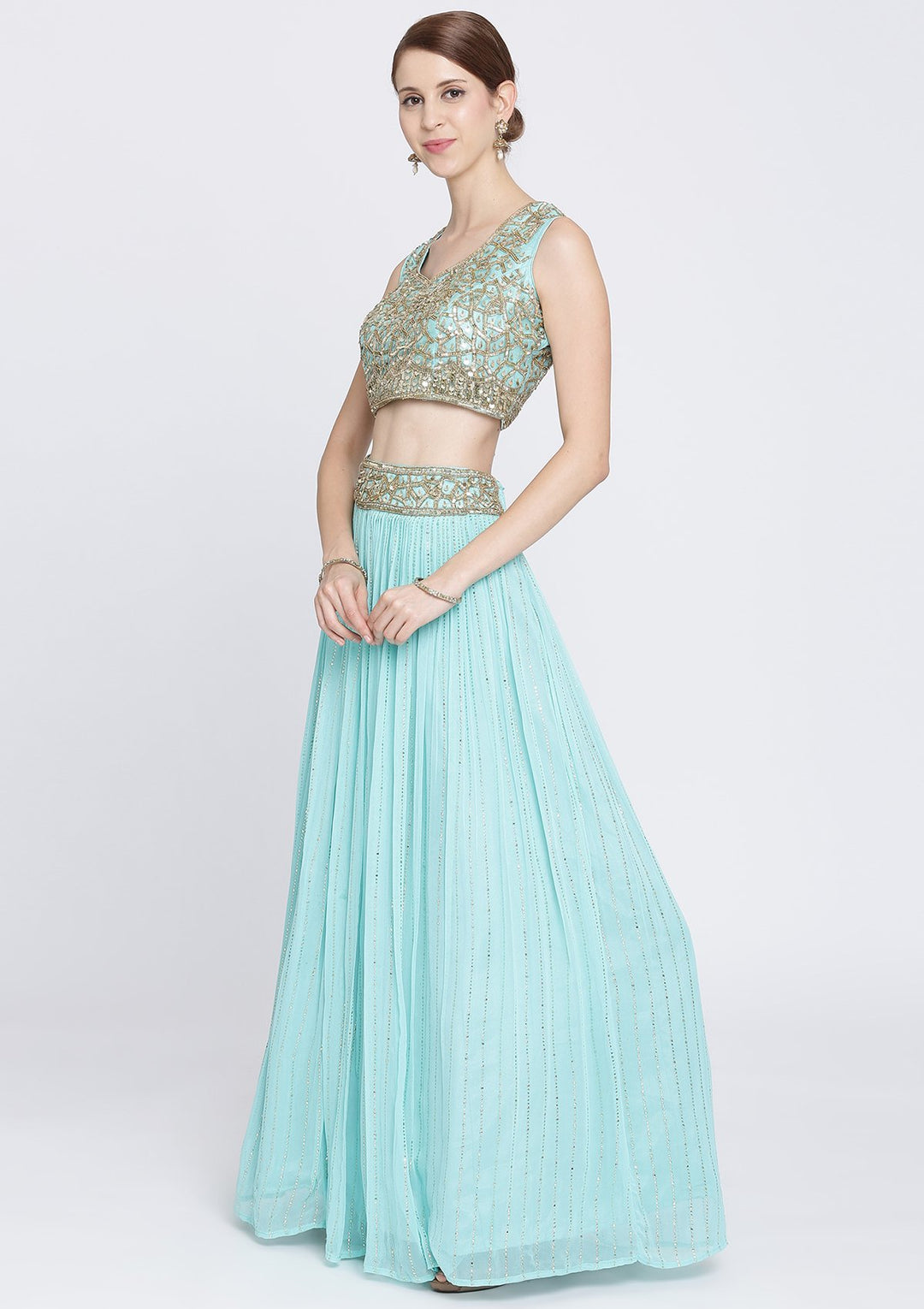 Sky Blue Cutdana Georgette Designer Lehenga-Koskii