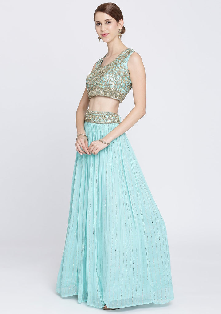 Sky Blue Cutdana Georgette Designer Lehenga-Koskii