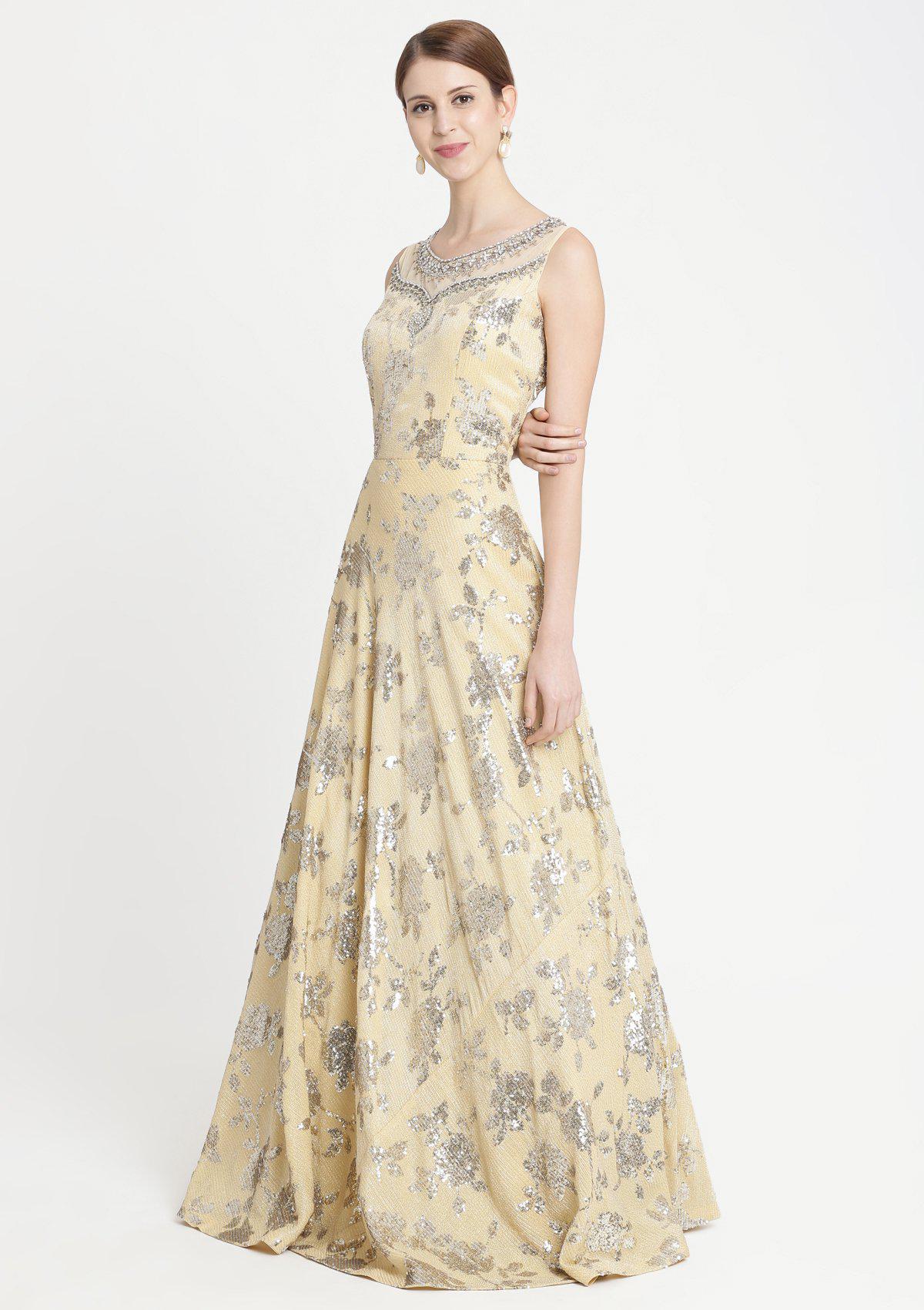 Yellow Sequins Georgette Designer Gown-Koskii