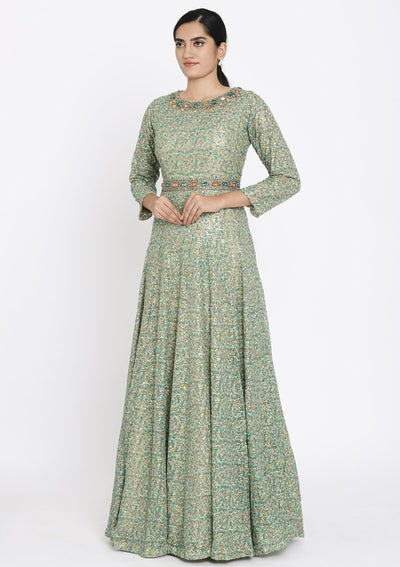 Rama Green Sequins Embellished Designer Gown - koskii