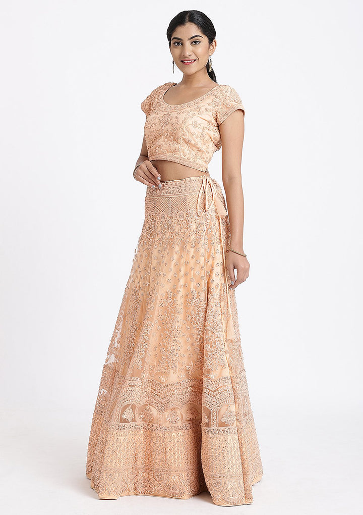 Peach Threadwork Net Designer Lehenga-Koskii