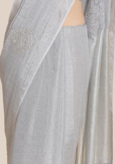 Light Grey Silver Stonework Tissue Designer Saree-Koskii