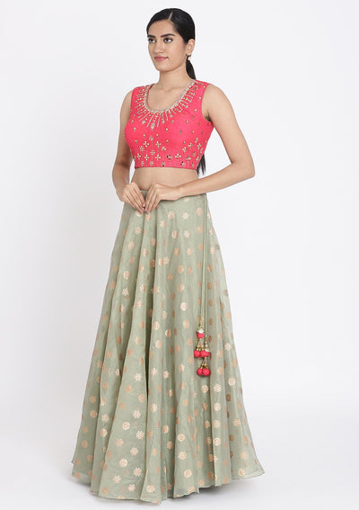 Pista Green And Pink Mirrorwork Tissue Designer Lehenga - koskii