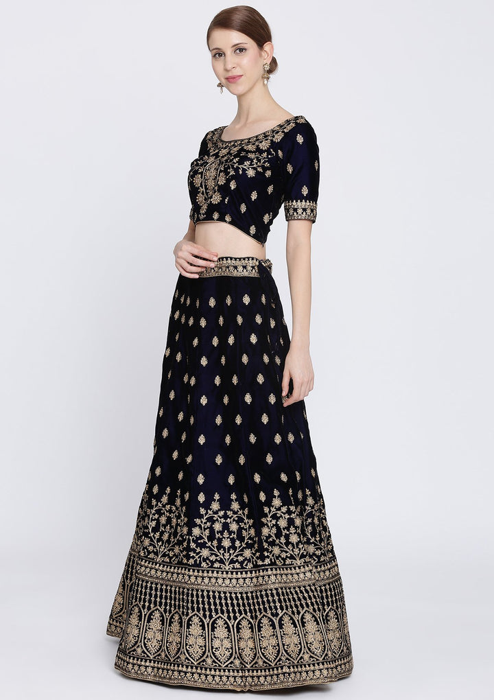 Navy Blue Zariwork Velvet Designer Lehenga-Koskii