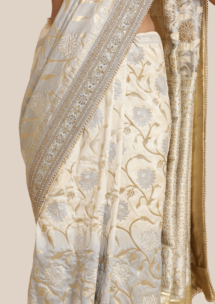 Light Grey Zariwork Brocade Designer Saree-Koskii