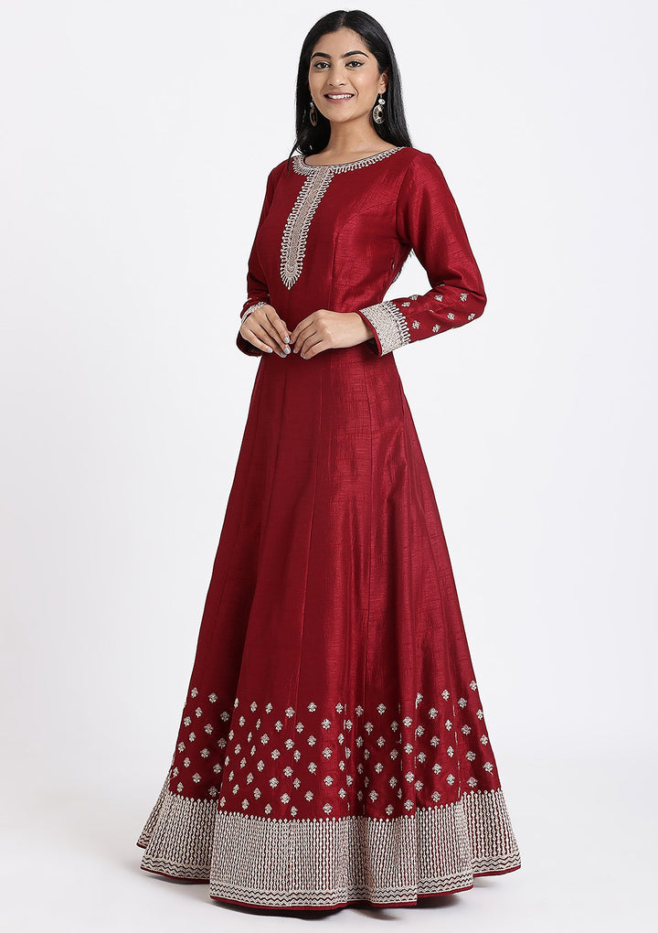 Maroon Zariwork Rawsilk Designer Gown-Koskii