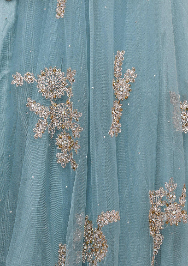 koskii teal blue floral net gown-Koskii