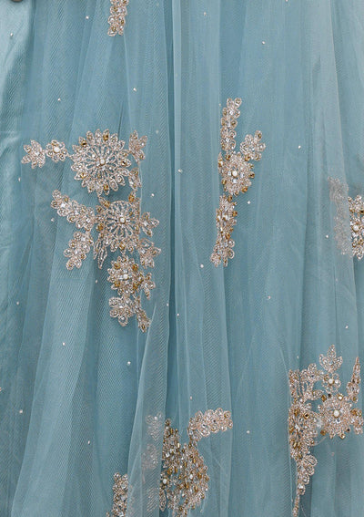 koskii teal blue floral net gown-Koskii
