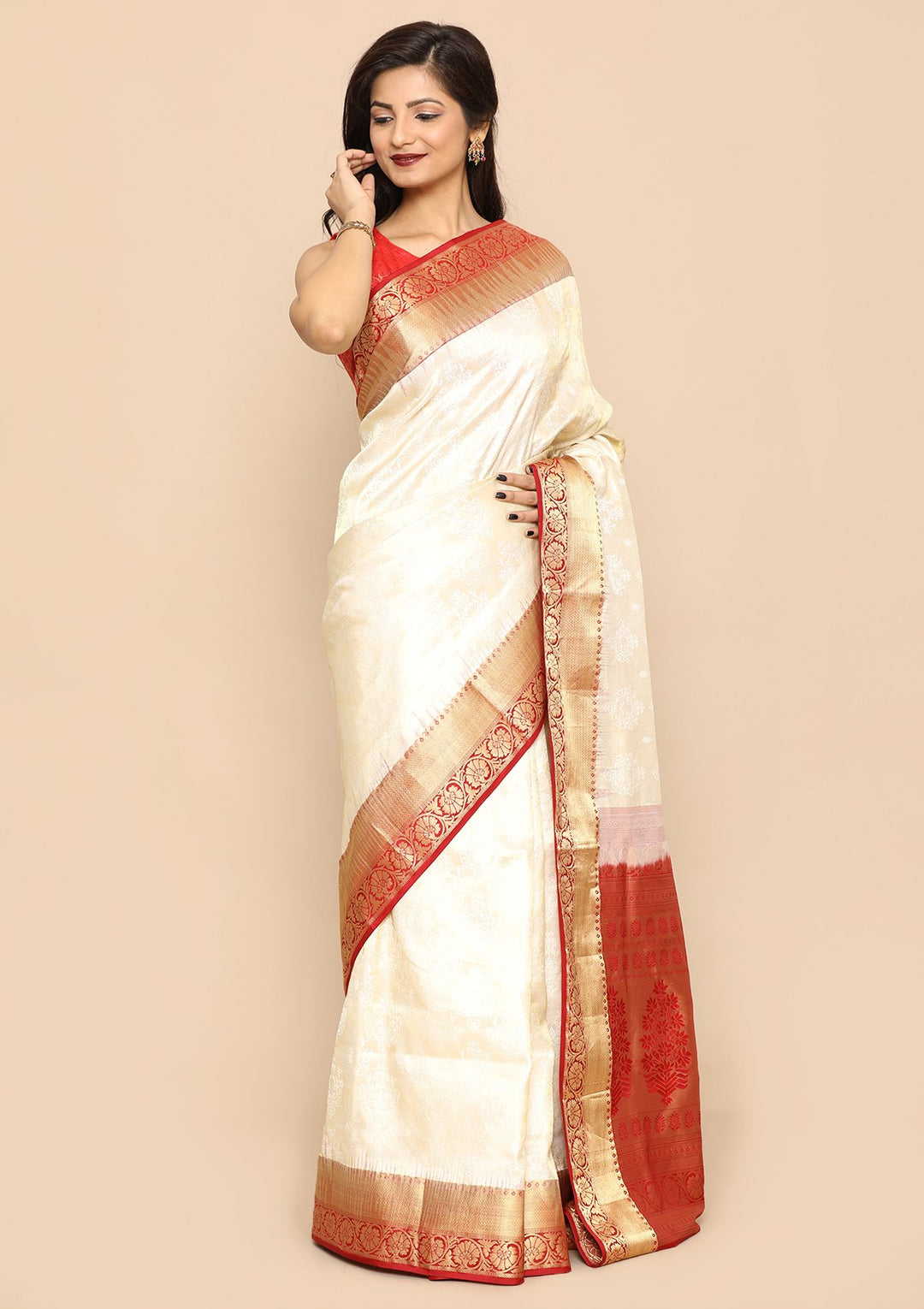 Red and White Handwoven Saree-Koskii