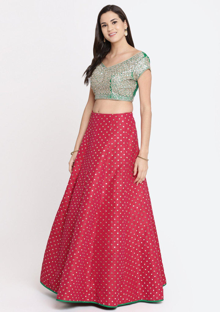 Fuschia and Green Gotapatti Raw Silk Designer Lehenga-Koskii