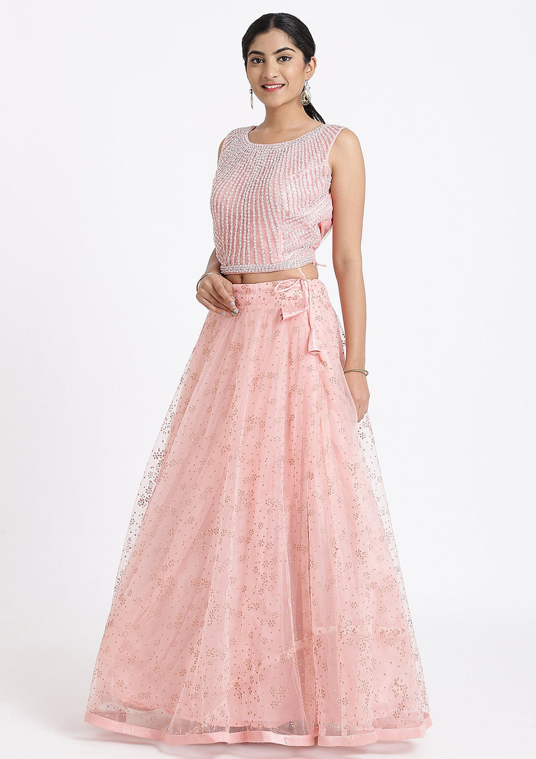Pink Pearlwork Net Designer Lehenga-Koskii
