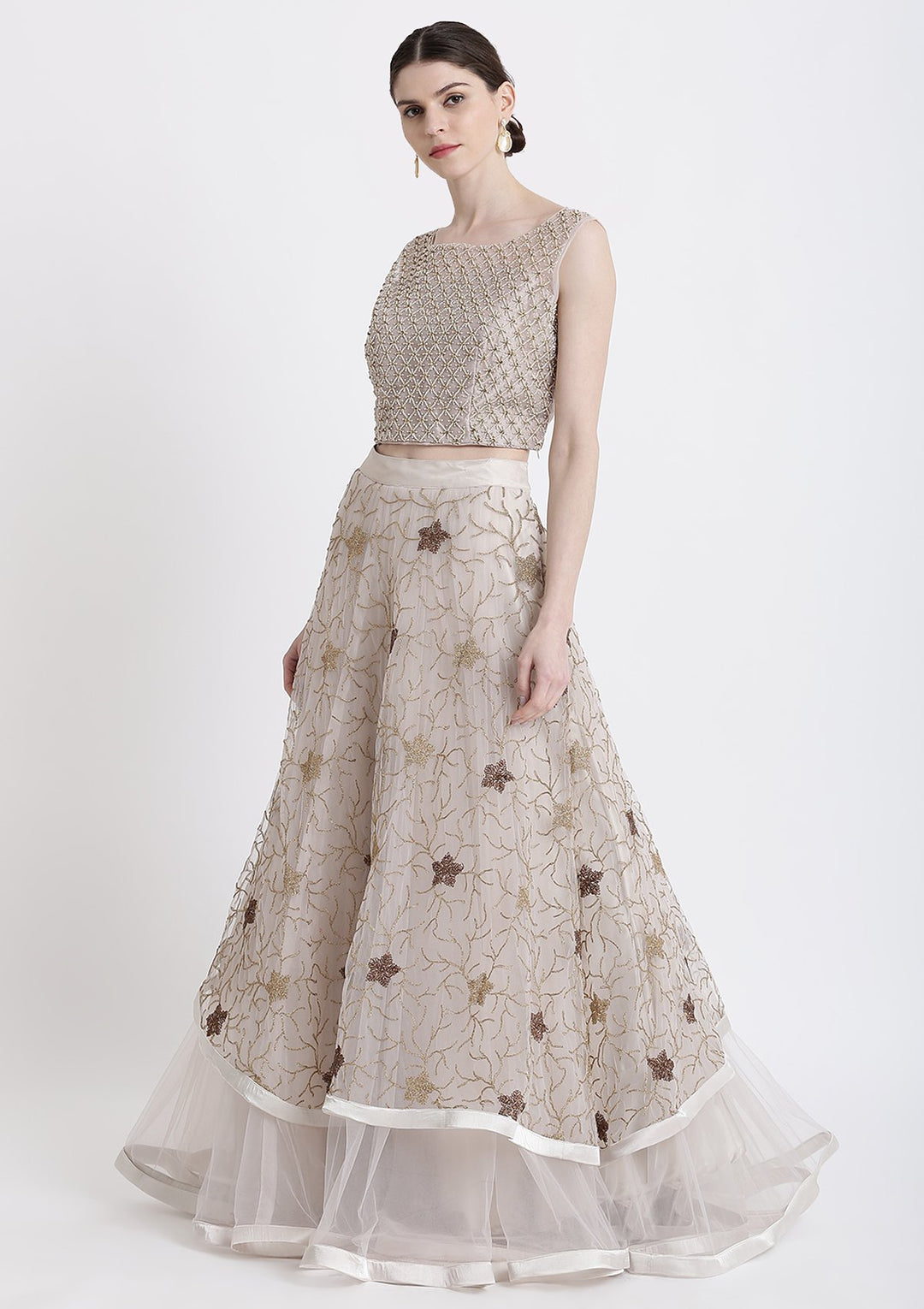 Light Grey Pearlwork Net Designer Lehenga-Koskii