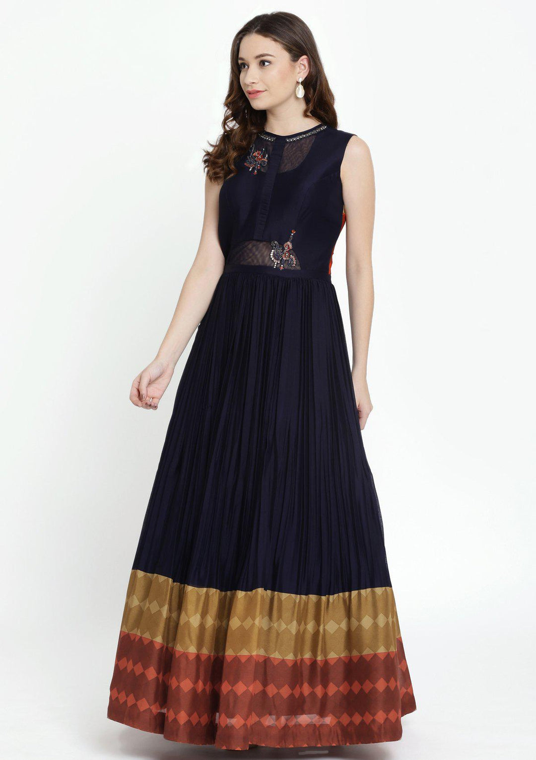 Navy Blue Stonework Georgette Designer Gown-Koskii