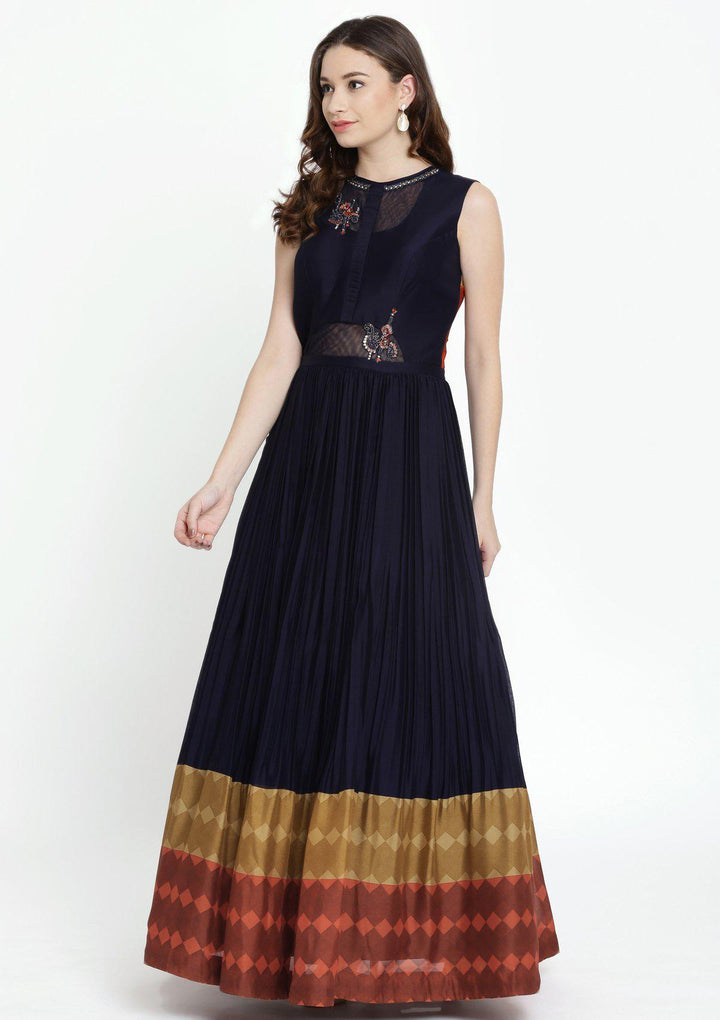 Navy Blue Stonework Georgette Designer Gown-Koskii