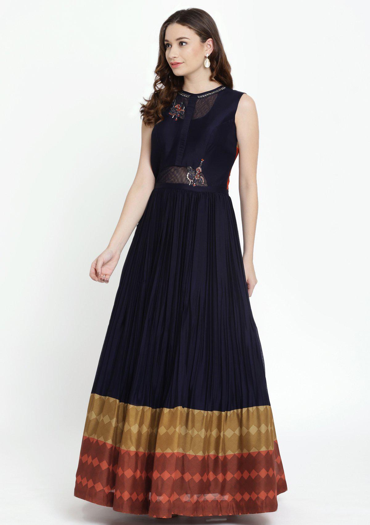 Navy Blue Stonework Georgette Designer Gown-Koskii