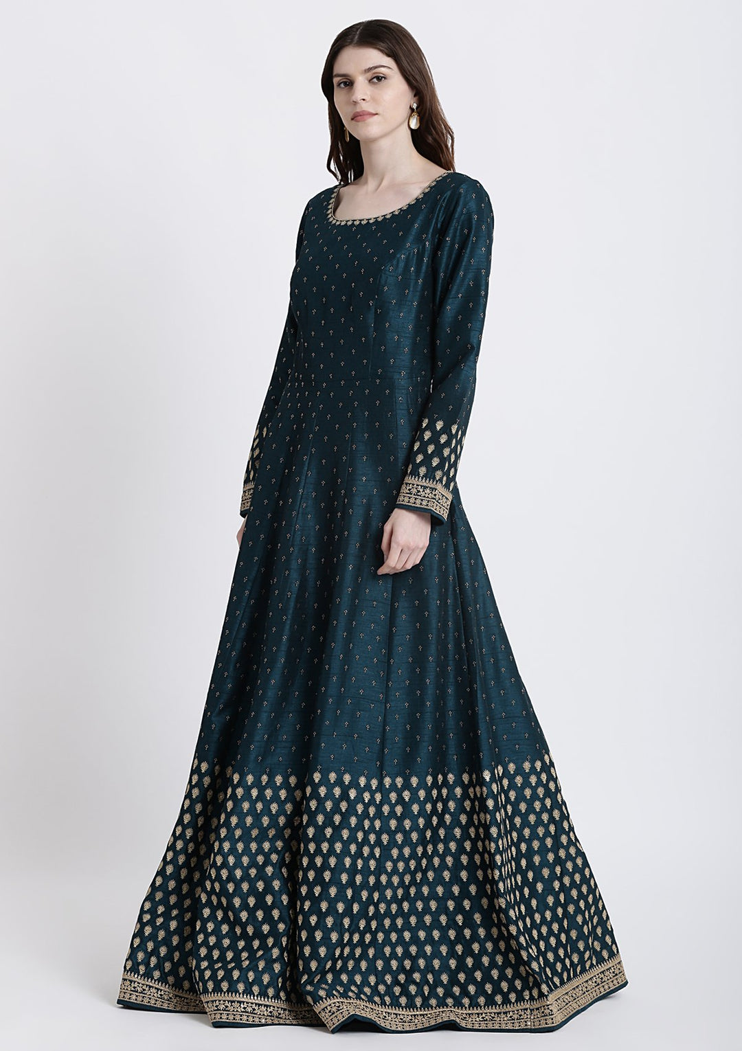 Peacock Blue Zariwork Rawsilk Designer Gown-Koskii