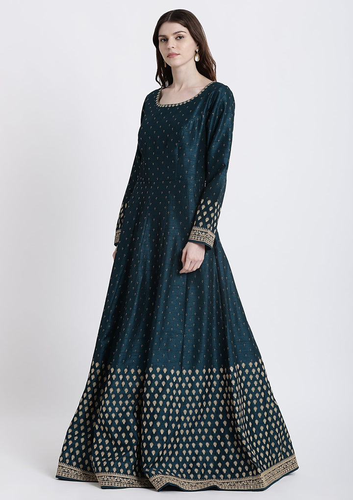 Peacock Blue Zariwork Rawsilk Designer Gown-Koskii