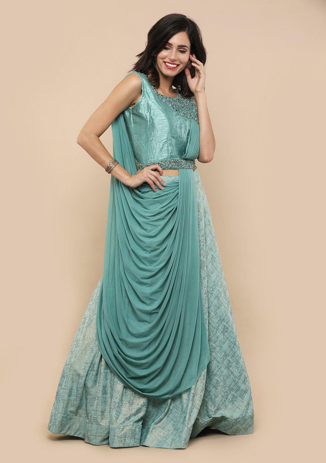 Sea Green Raw Silk Drape Designer Lehenga-Koskii