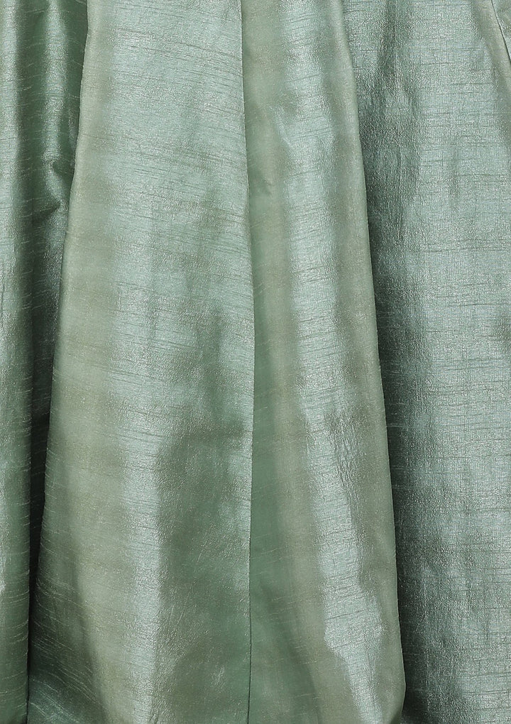 Teal Green Silver Zari Work Silk Designer Lehenga-Koskii