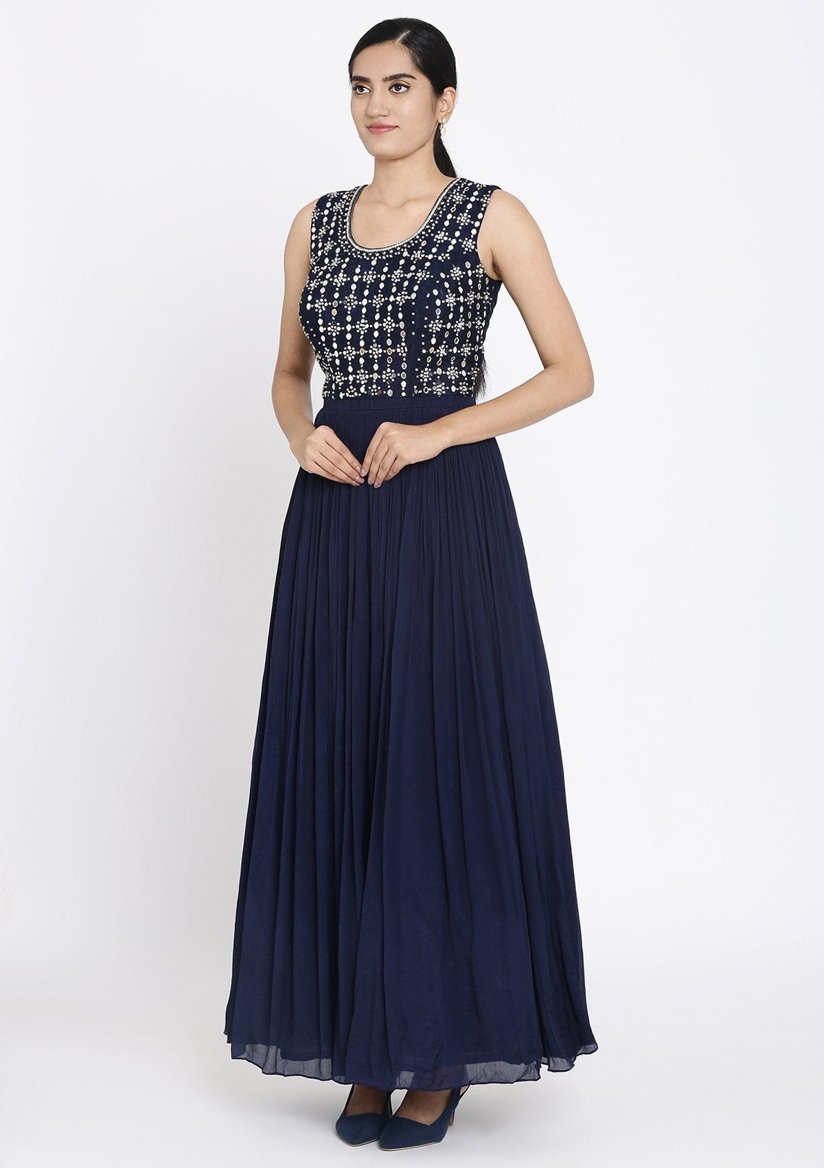 Navy Blue Mirrorwork Georgette Designer Gown - koskii