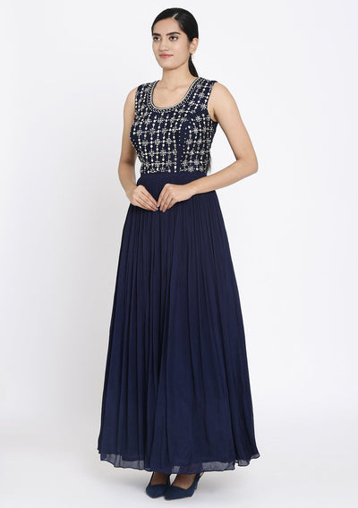 Navy Blue Mirrorwork Georgette Designer Gown - koskii