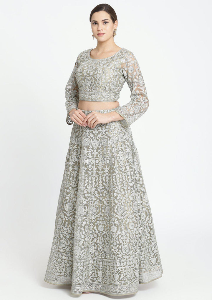 Light Olive Green Zariwork Net Designer Lehenga-Koskii