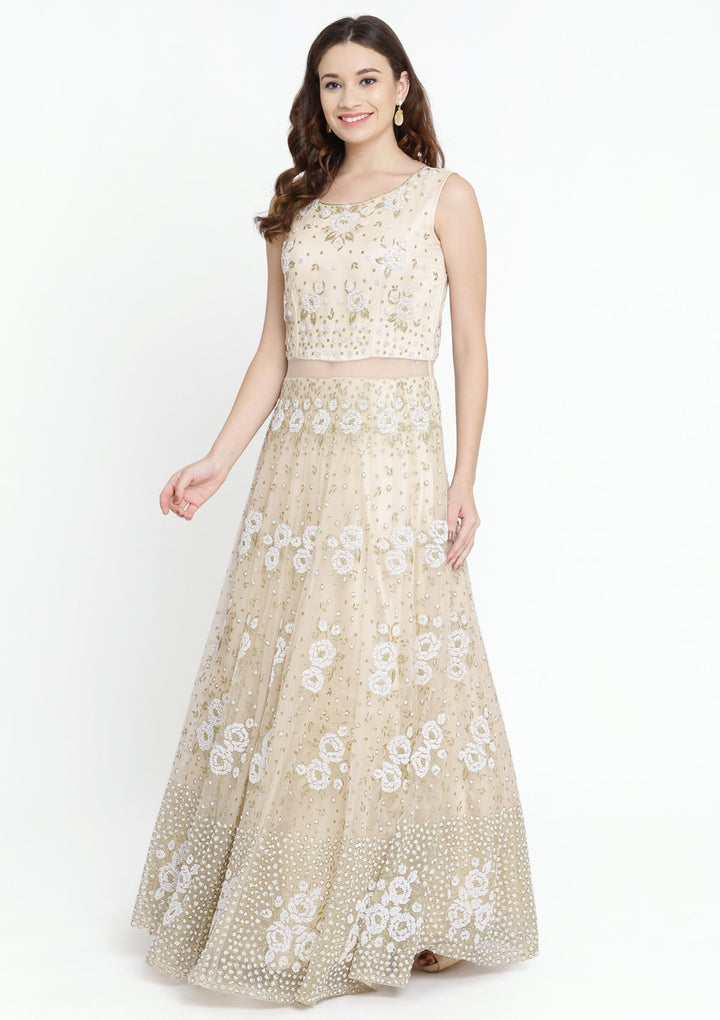 Beige Cutdana Net Designer Gown-Koskii
