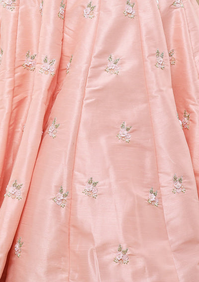 Peach Floral Thread Work Silk Designer Lehenga-Koskii