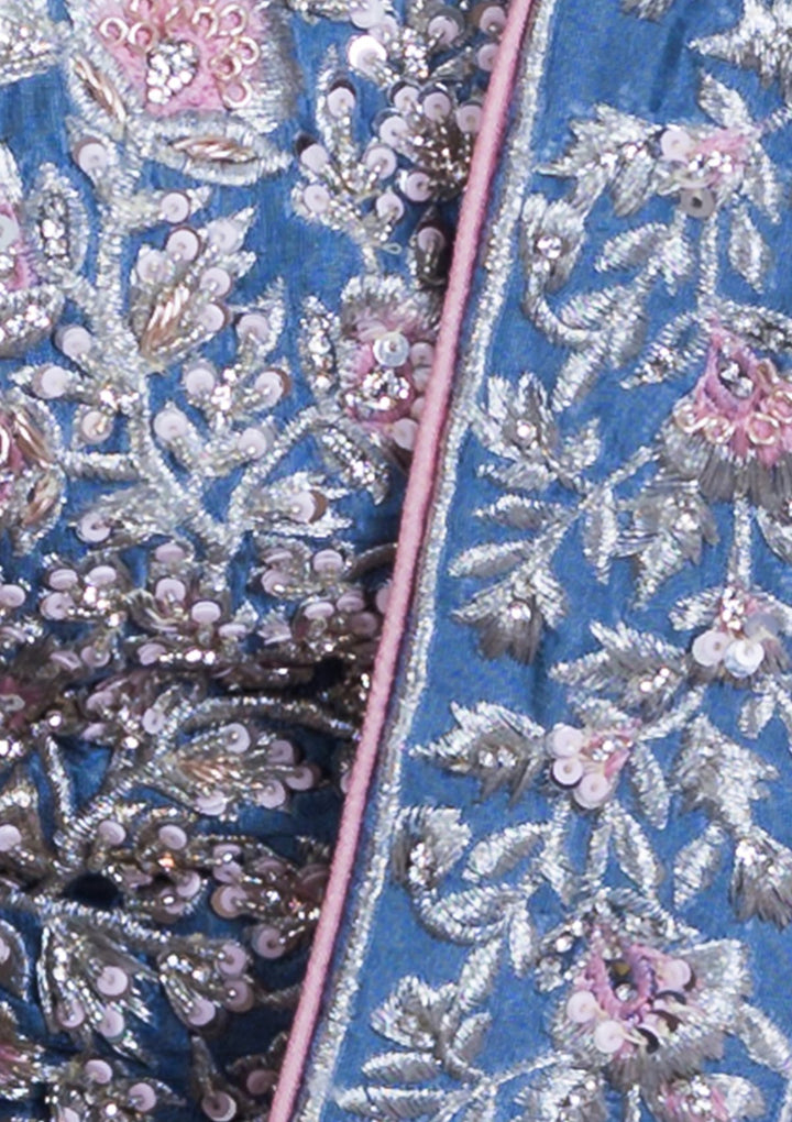 Blue Embellished Silk Designer Lehenga-Koskii