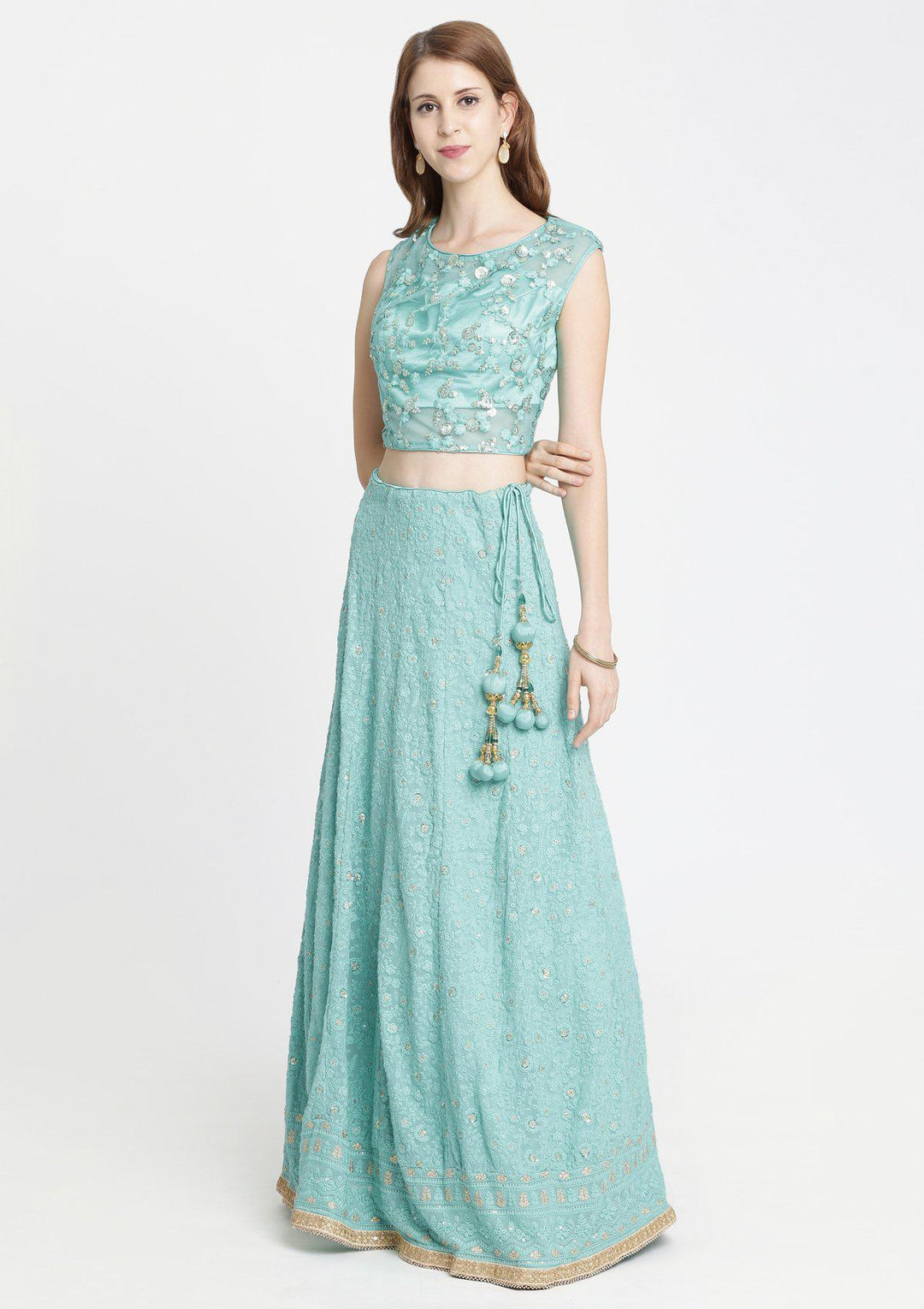 Sea Green Threadwork Chiffon Designer Lehenga-Koskii