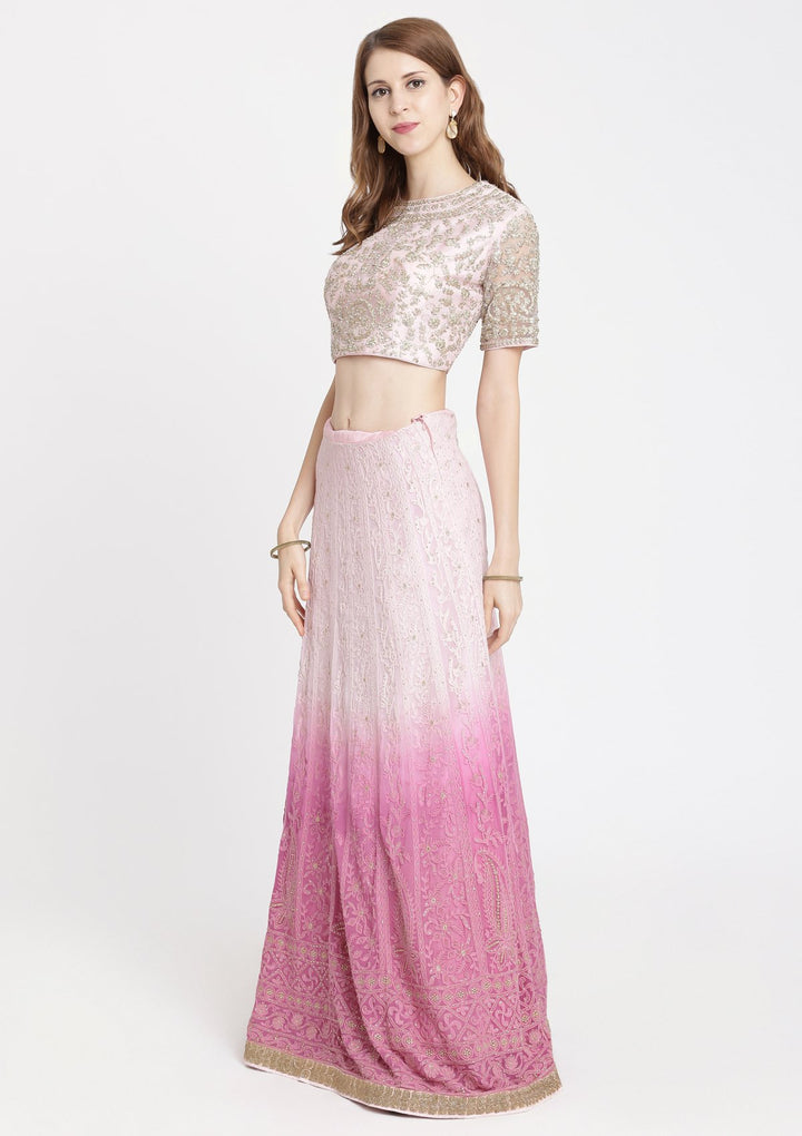 Pink Threadwork Chiffon Designer Lehenga-Koskii