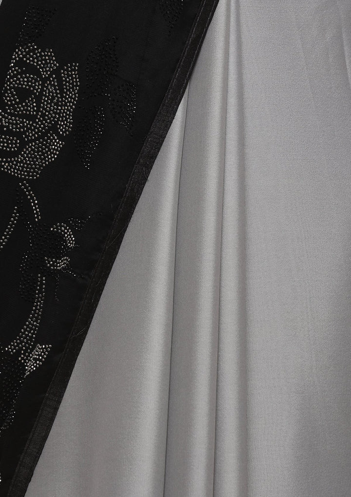 Black and Grey Floral Crepe Designer Saree-Koskii