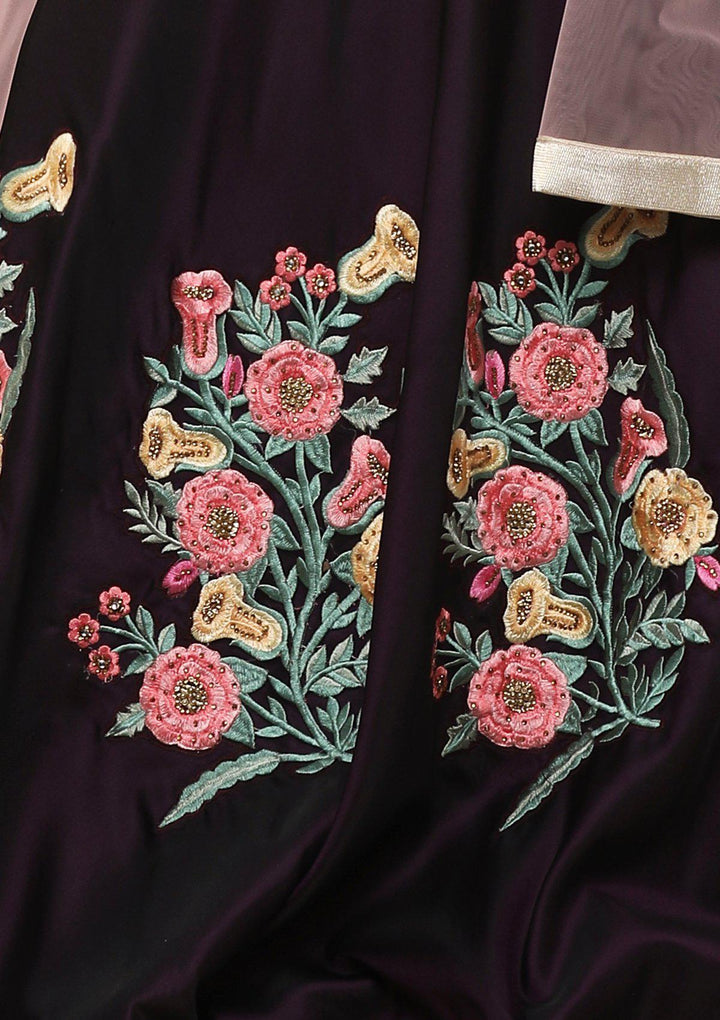 Wine Floral Stone Work Silk Designer Lehenga-Koskii