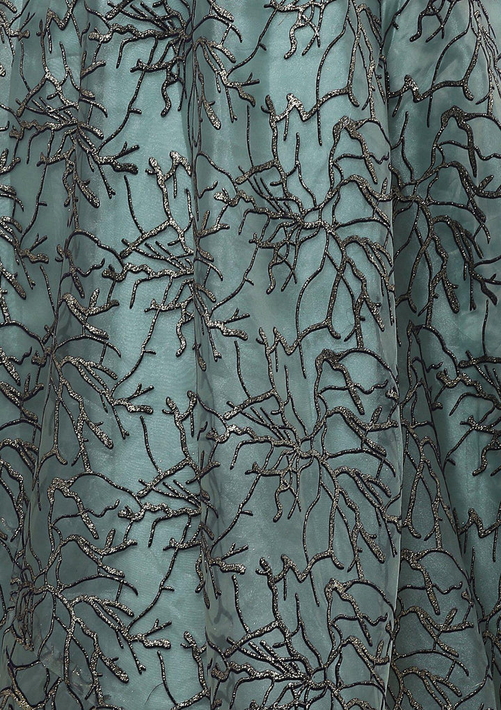 Teal Green Shimmer Appliqu???Ìâ?å©d Velvet Designer Lehenga-Koskii