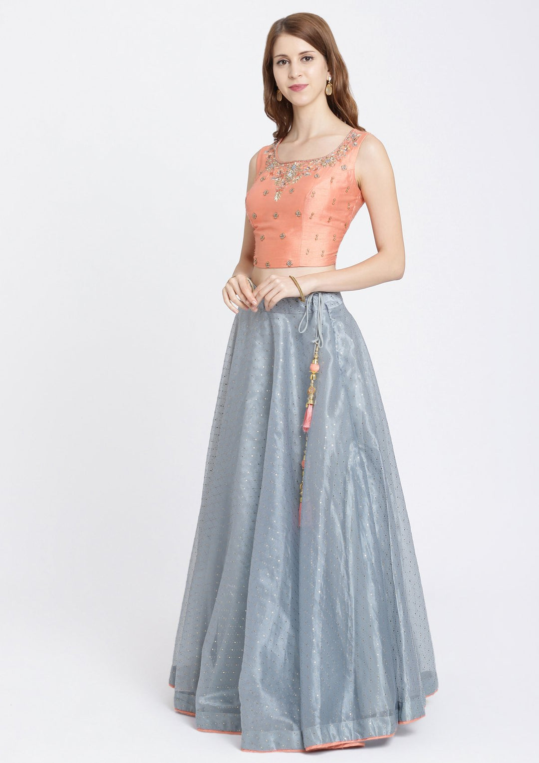 Dark Grey Zardozi Tissue Designer Lehenga-Koskii