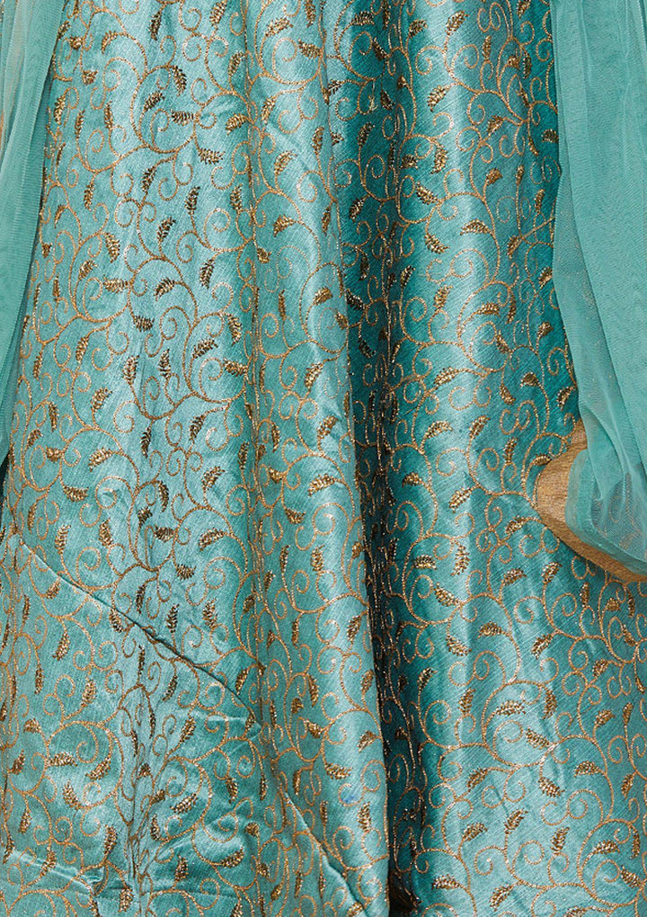 Teal Stonework Raw-Silk Designer Lehenga-Koskii