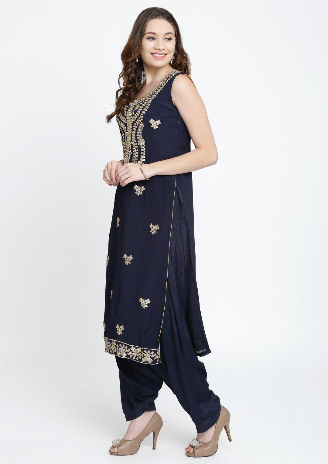 Navy Blue Gotapatti Semi Crepe Designer Salwar Suit-Koskii