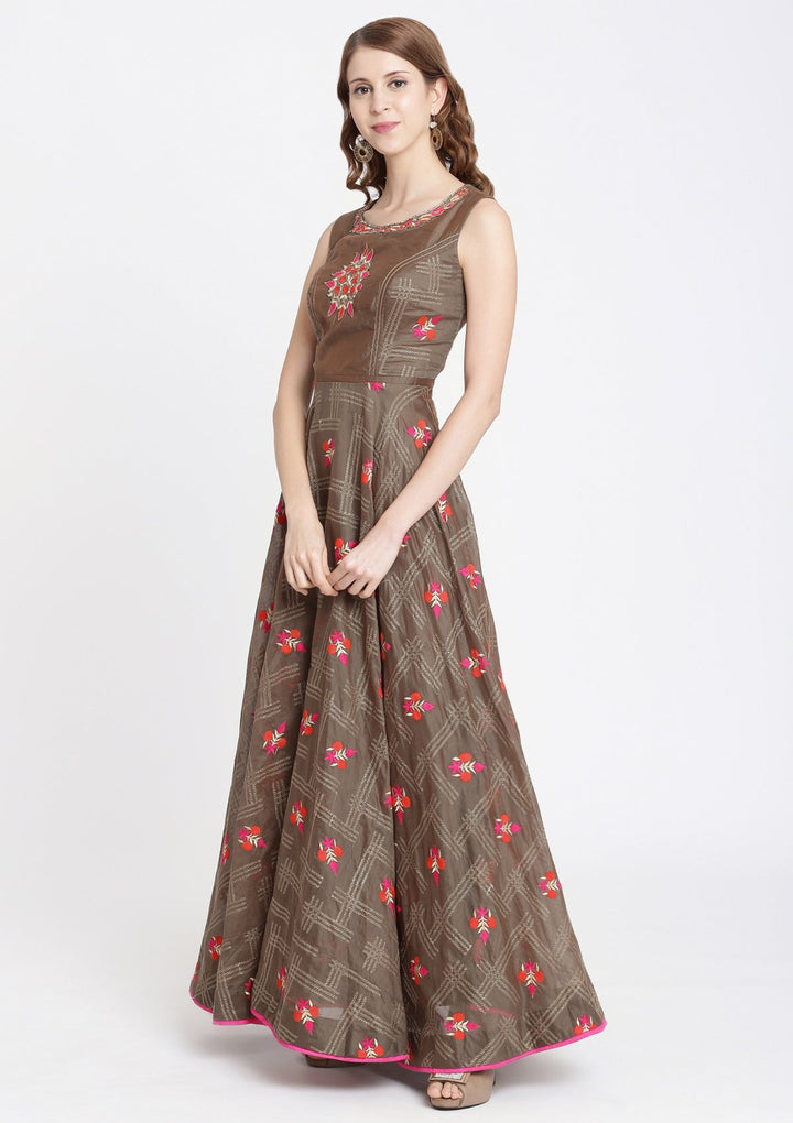 Mehendi Threadwork Banarasi Designer Gown-Koskii