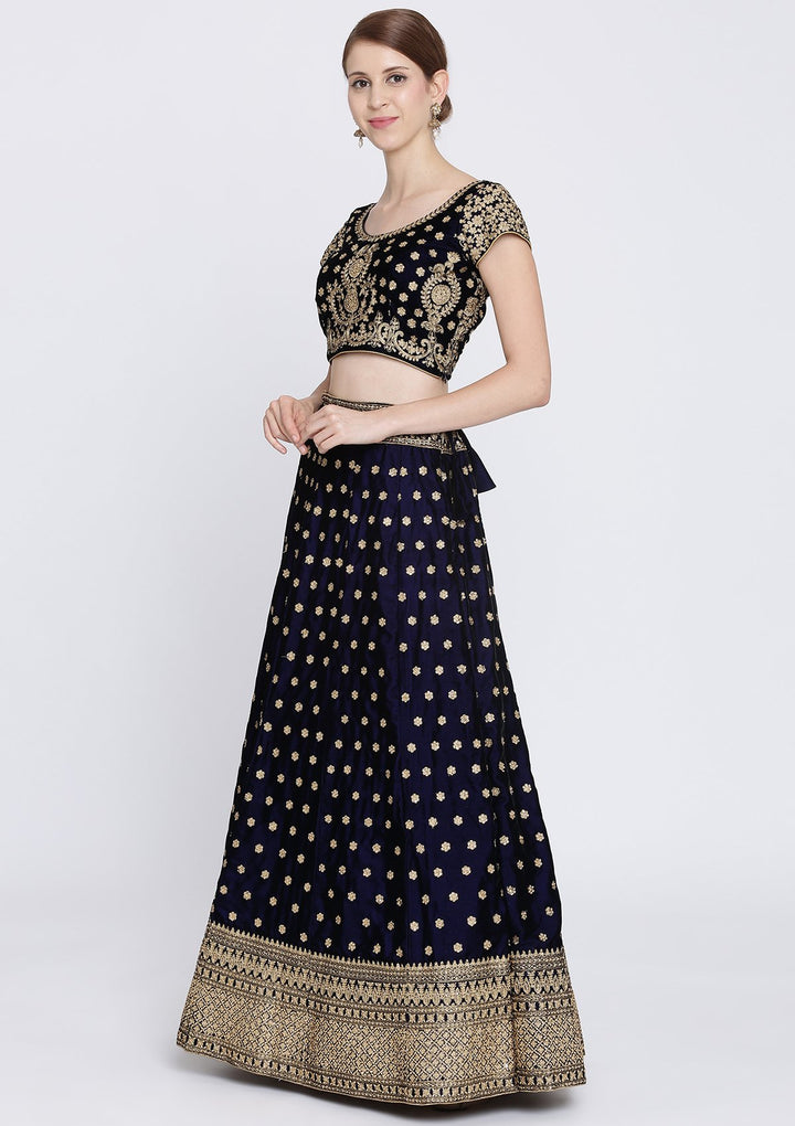 Navy Blue Zariwork Velvet Designer Lehenga-Koskii