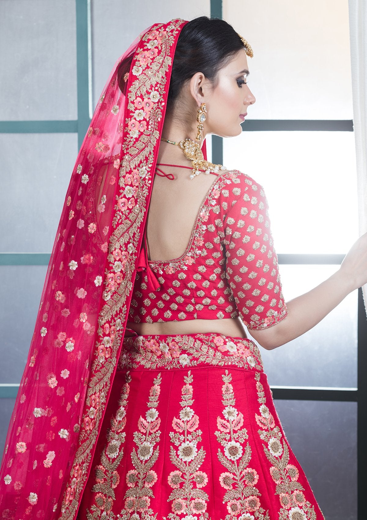 Coral Pink Pearl Embellished Designer Bridal Lehenga-Koskii