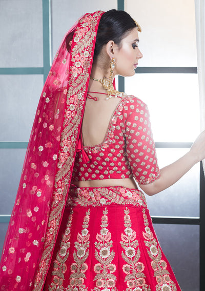 Coral Pink Pearl Embellished Designer Bridal Lehenga-Koskii