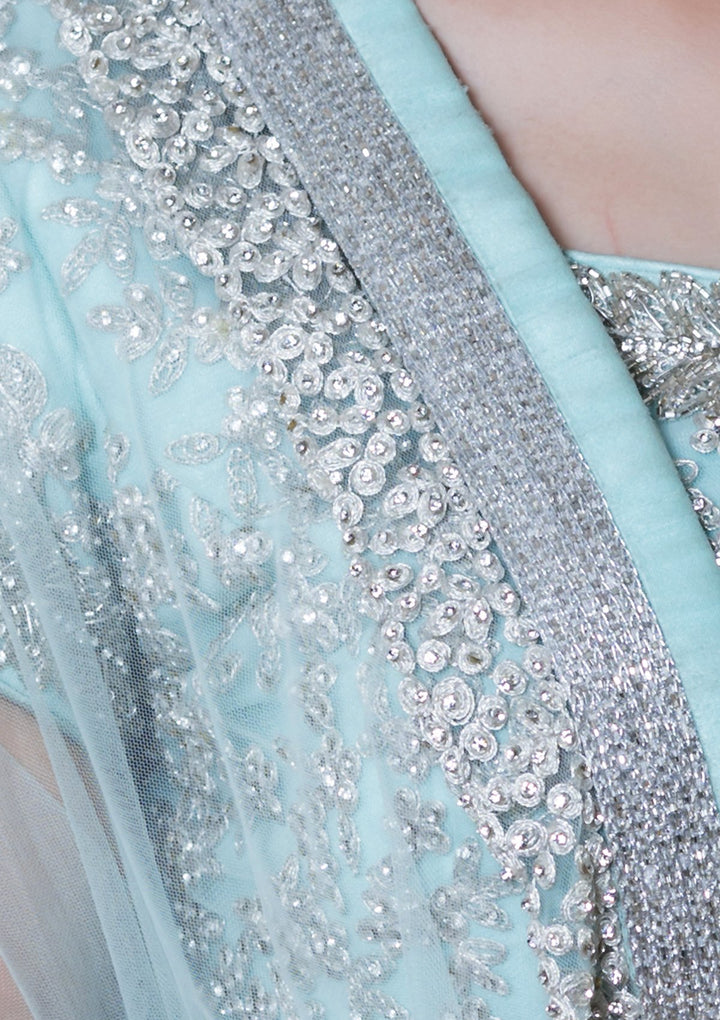 Powder Blue Sequinned Net Designer Lehenga-Koskii