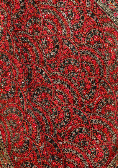 Black and Red Threadwork Crepe Designer Saree-Koskii